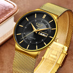 LIGE Men's Ultra Thin Gold Mesh Steel Watch