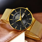 LIGE Men's Ultra Thin Gold Mesh Steel Watch