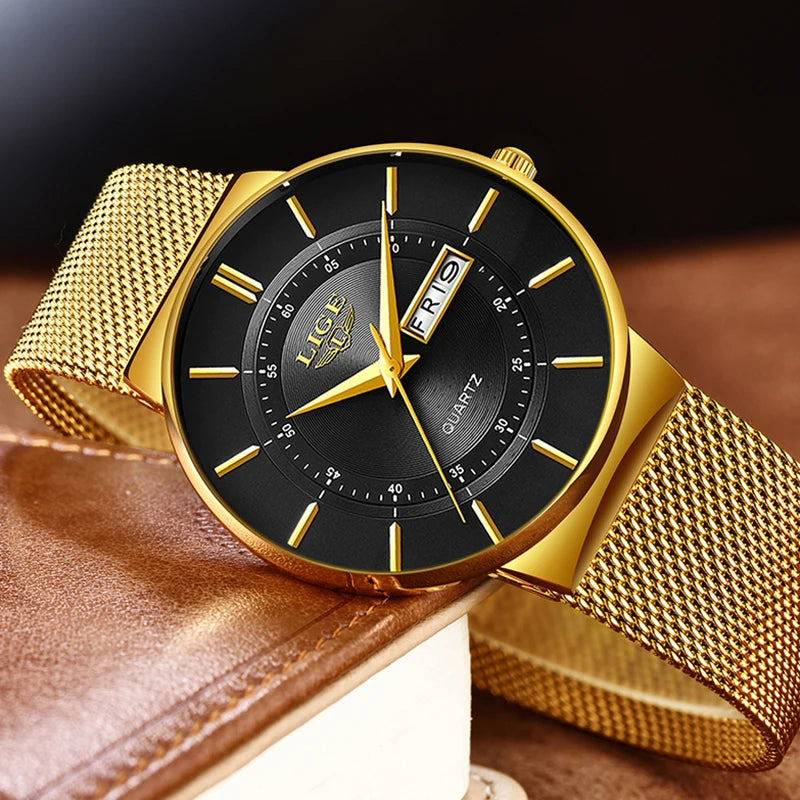 LIGE Men's Ultra Thin Gold Mesh Steel Watch