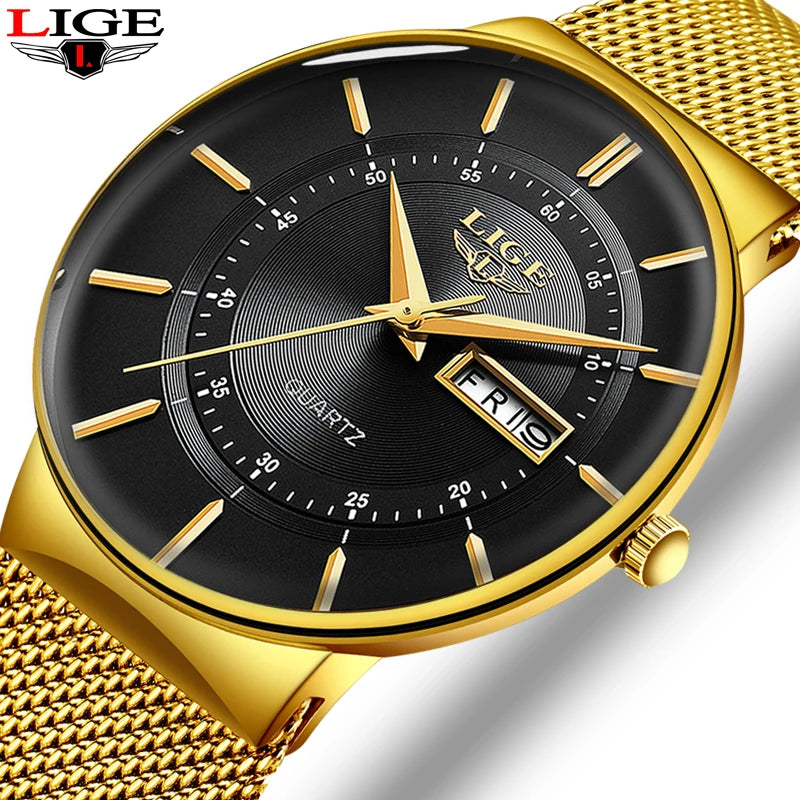 LIGE Men's Ultra Thin Gold Mesh Steel Watch