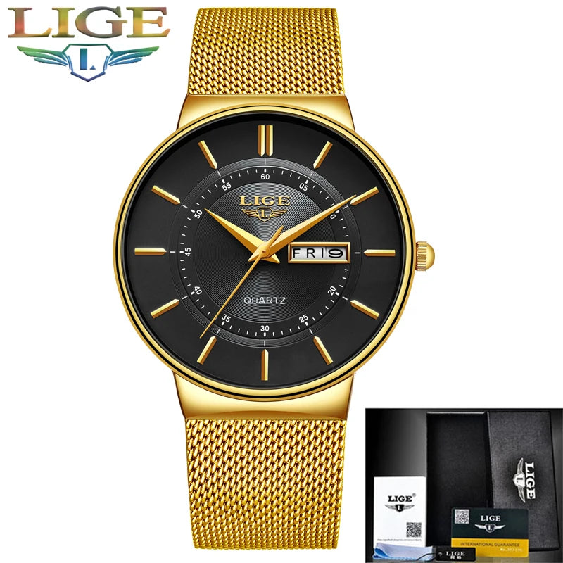 LIGE Men's Ultra Thin Gold Mesh Steel Watch