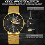 LIGE Men's Ultra Thin Gold Mesh Steel Watch