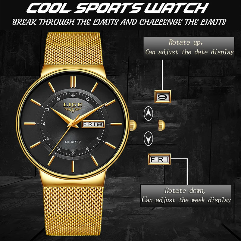 LIGE Men's Ultra Thin Gold Mesh Steel Watch