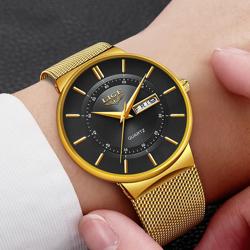 LIGE Men's Ultra Thin Gold Mesh Steel Watch