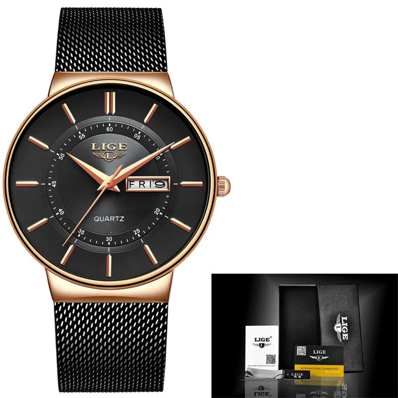 LIGE Men's Ultra Thin Gold Mesh Steel Watch