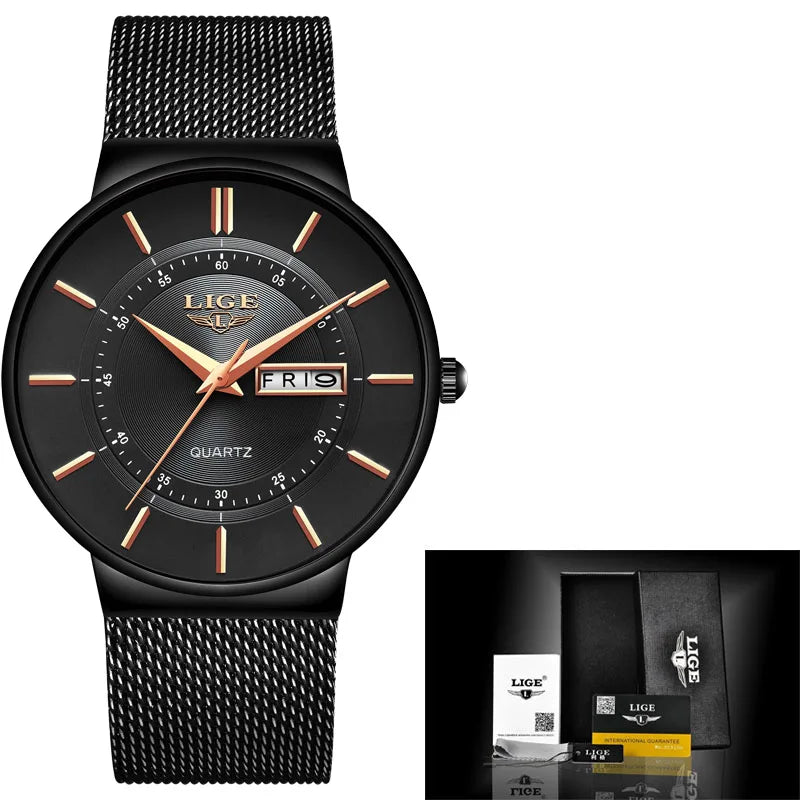 LIGE Men's Ultra Thin Gold Mesh Steel Watch