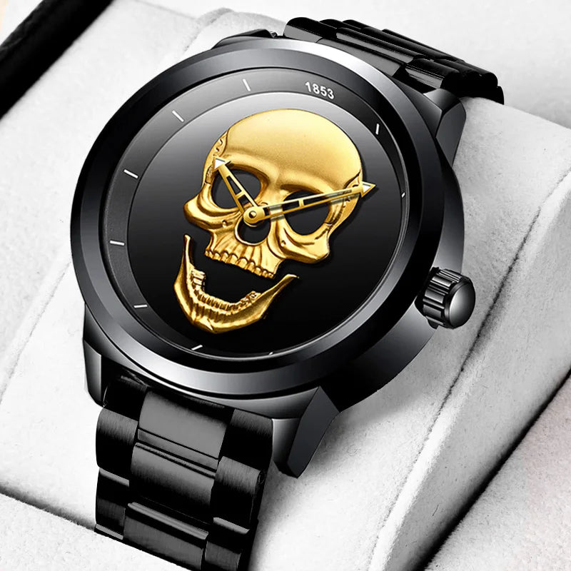 LIGE Skull Head Luxury Quartz Watch – Stainless Steel Punk Edition for Men