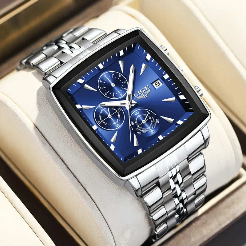 LIGE Men's Square Luminous Chronograph Watch