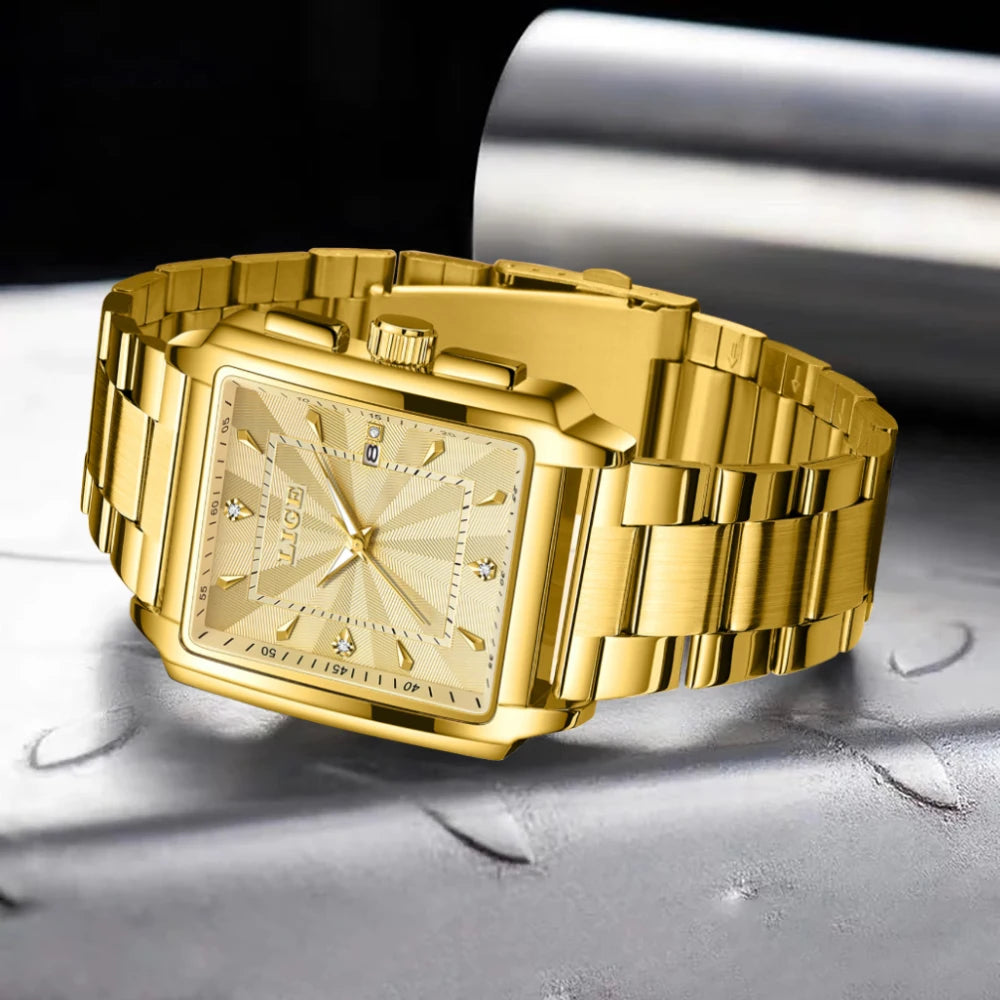 LIGE Luxury Square Sports Watch – Gold Stainless Steel