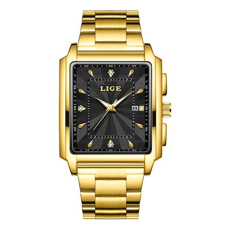 LIGE Luxury Square Sports Watch – Gold Stainless Steel