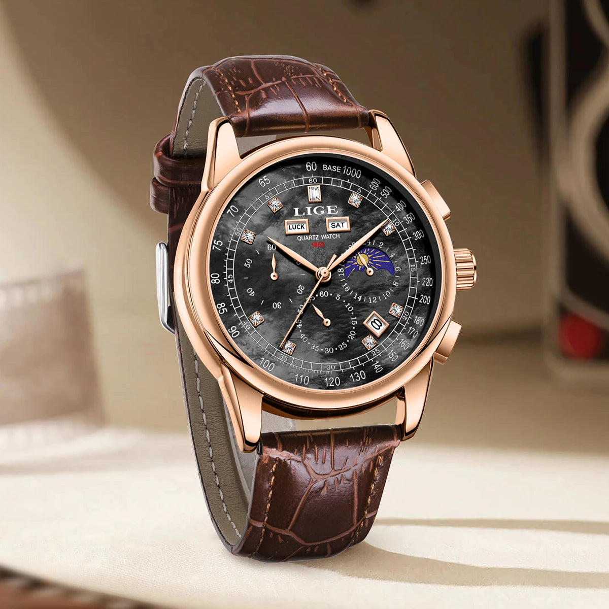 LIGE Men's Business Quartz Watch with Moon Phase