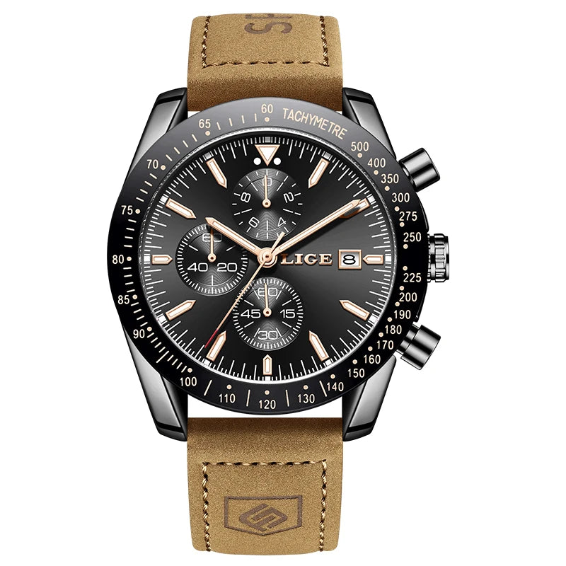 LIGE Men's Military Leather Sports Watch