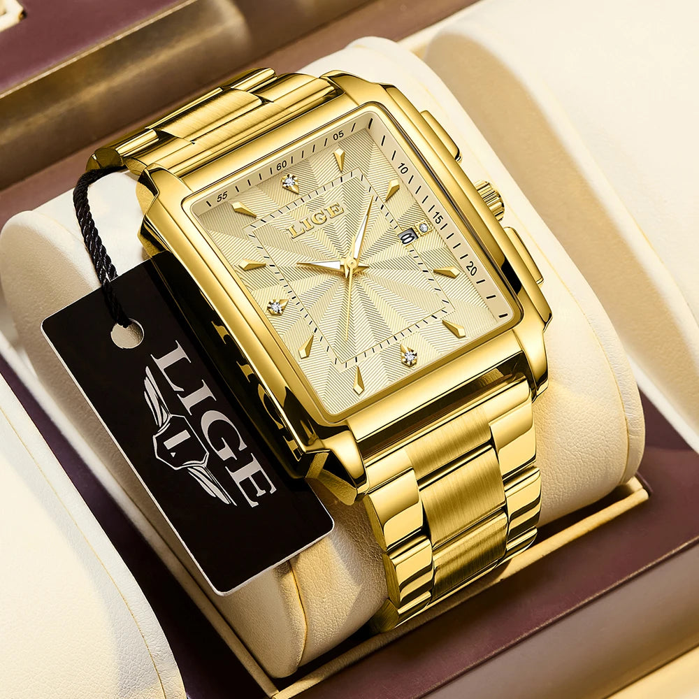 LIGE Luxury Square Sports Watch – Gold Stainless Steel