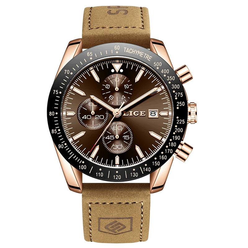 LIGE Men's Military Leather Sports Watch