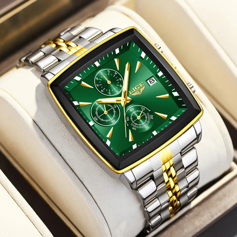 LIGE Men's Square Luminous Chronograph Watch