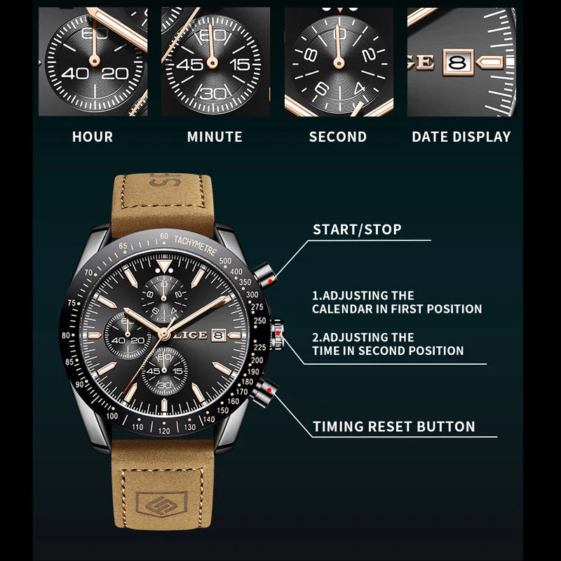 LIGE Men's Military Leather Sports Watch