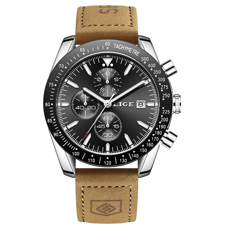 LIGE Men's Military Leather Sports Watch