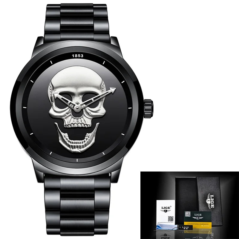 LIGE Skull Head Luxury Quartz Watch – Stainless Steel Punk Edition for Men