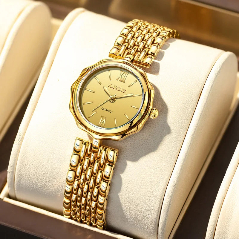 LIGE Elegant Square Quartz Watch – Gold Stainless Steel