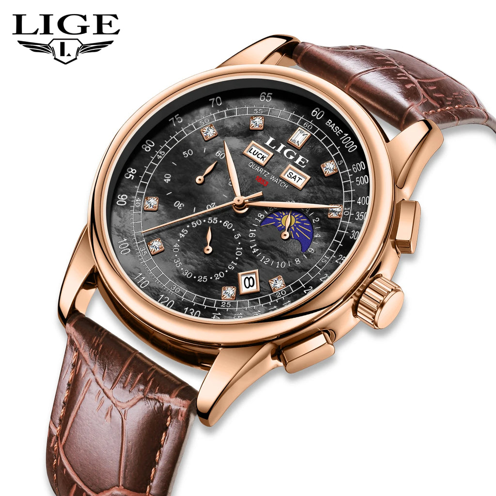 LIGE Men's Business Quartz Watch with Moon Phase
