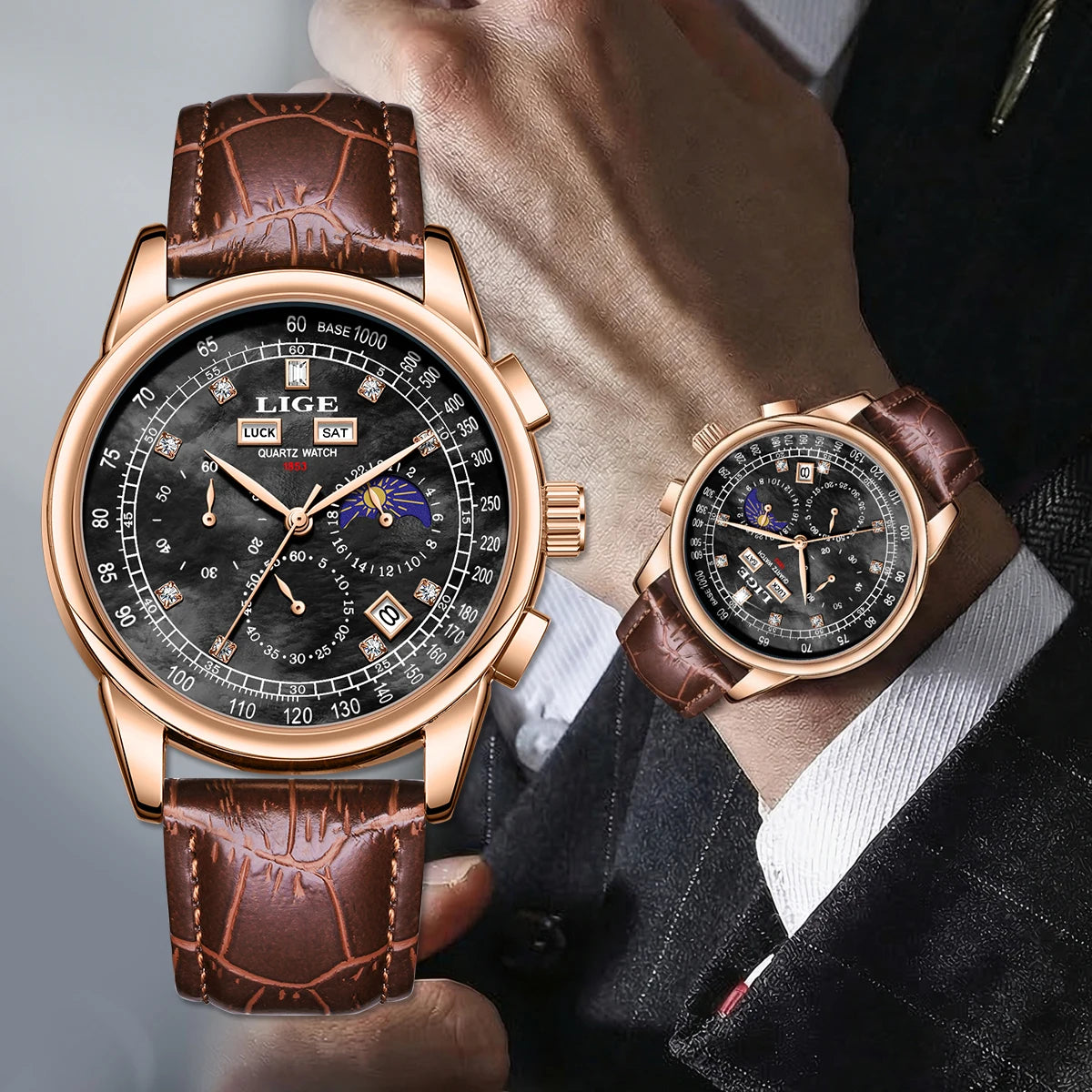 LIGE Men's Business Quartz Watch with Moon Phase