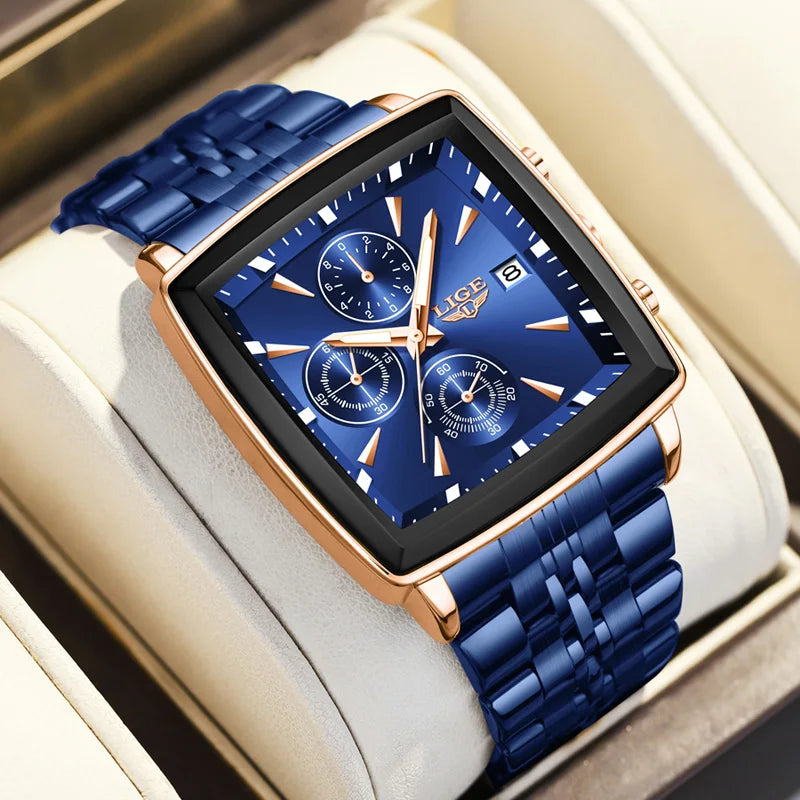 LIGE Men's Square Luminous Chronograph Watch