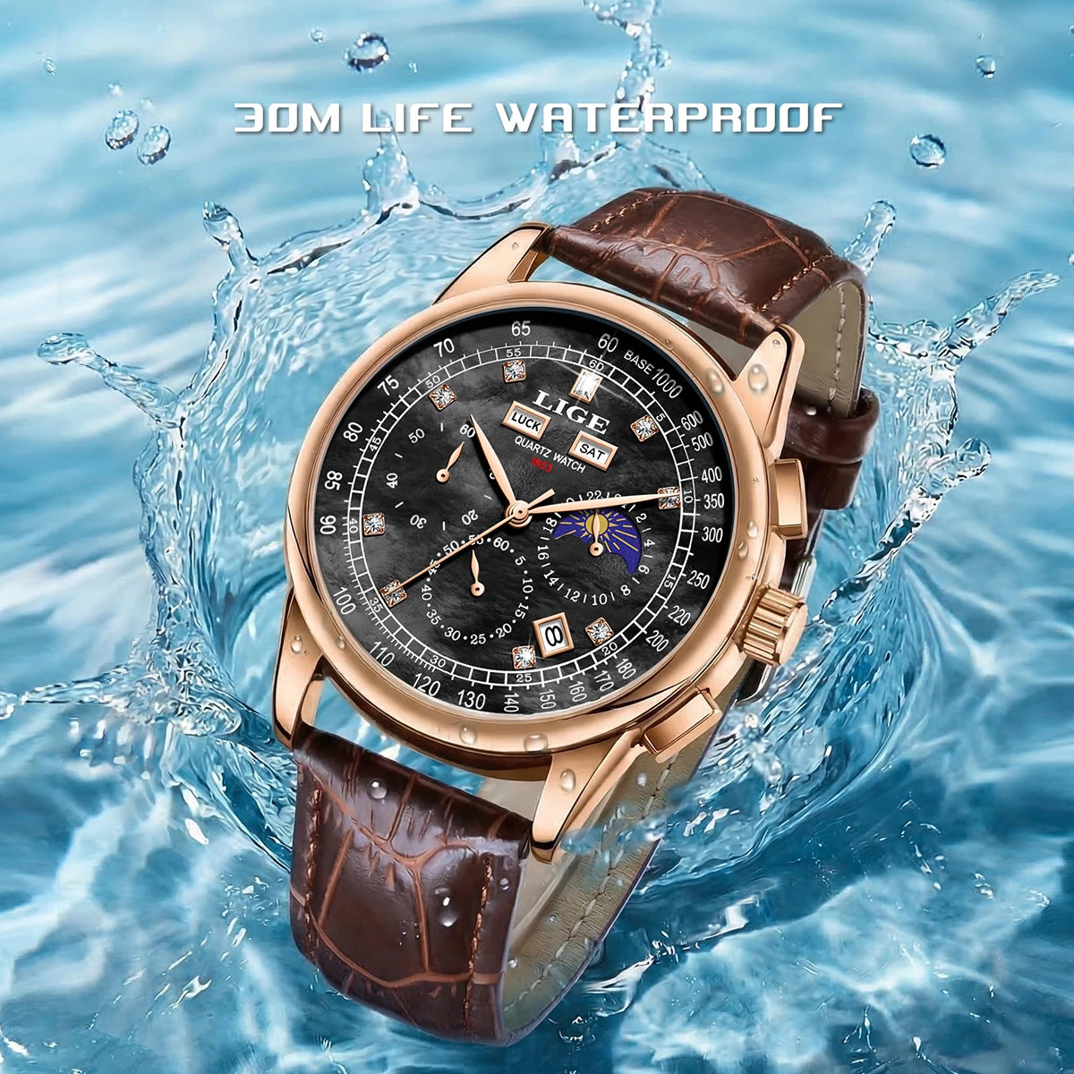 LIGE Men's Business Quartz Watch with Moon Phase