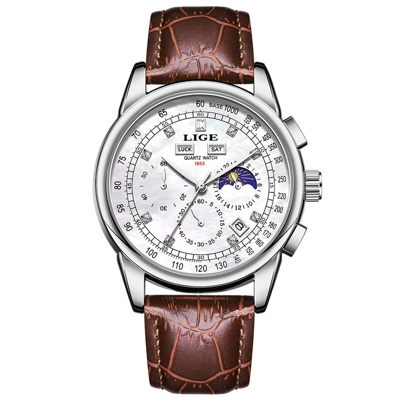 LIGE Men's Business Quartz Watch with Moon Phase