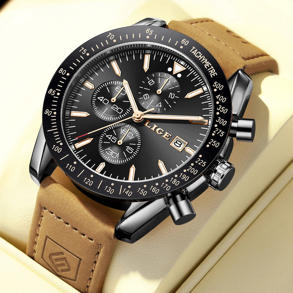 LIGE Men's Military Leather Sports Watch