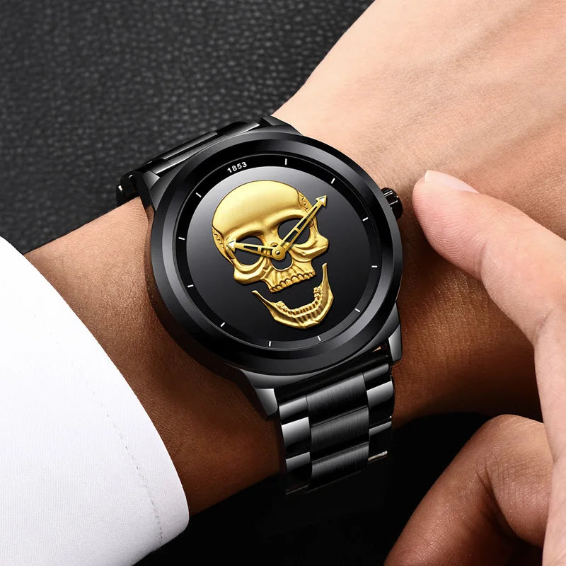 LIGE Skull Head Luxury Quartz Watch – Stainless Steel Punk Edition for Men