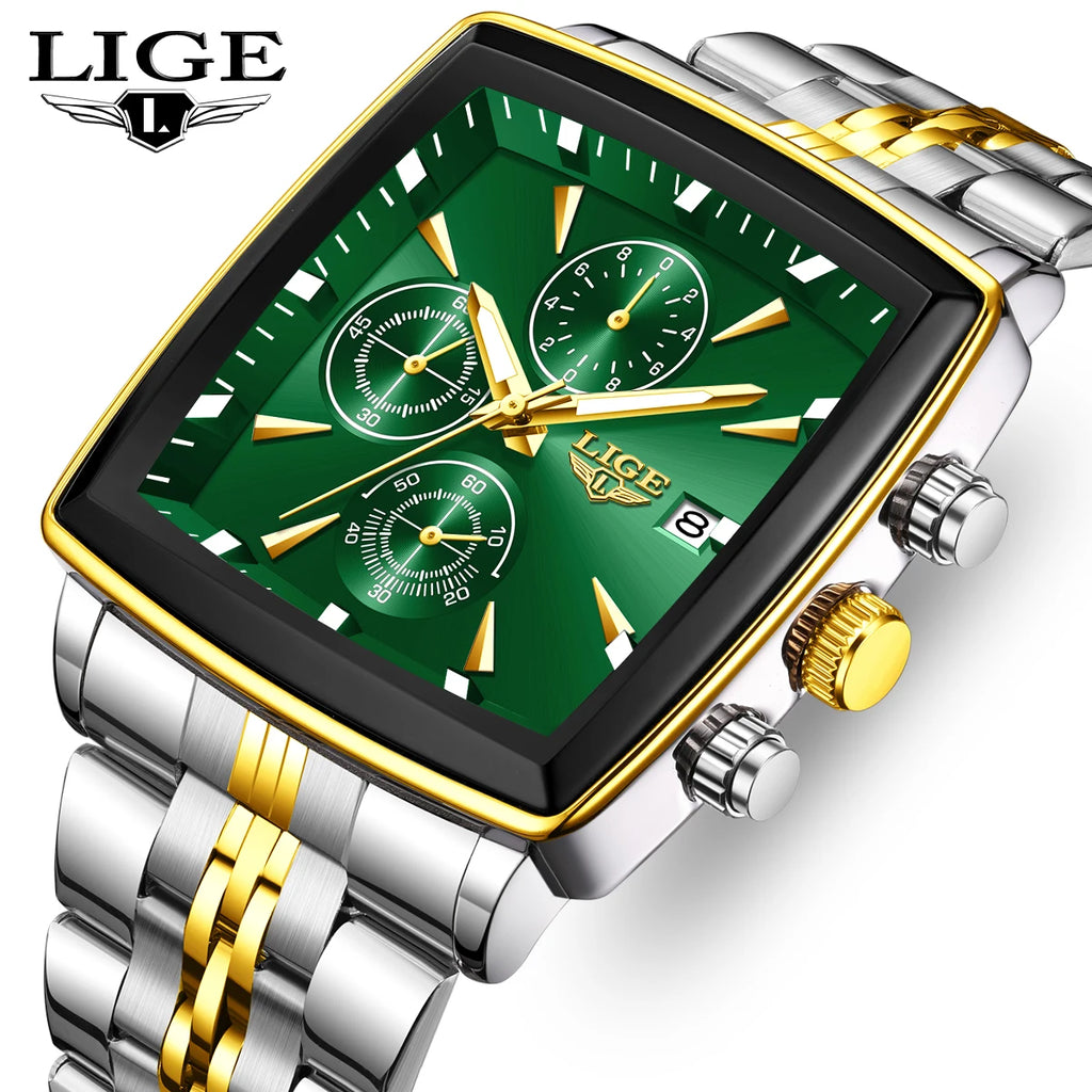 LIGE Men's Square Luminous Chronograph Watch