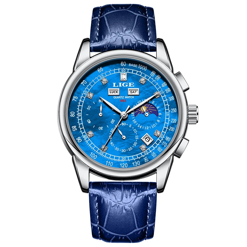 LIGE Men's Business Quartz Watch with Moon Phase