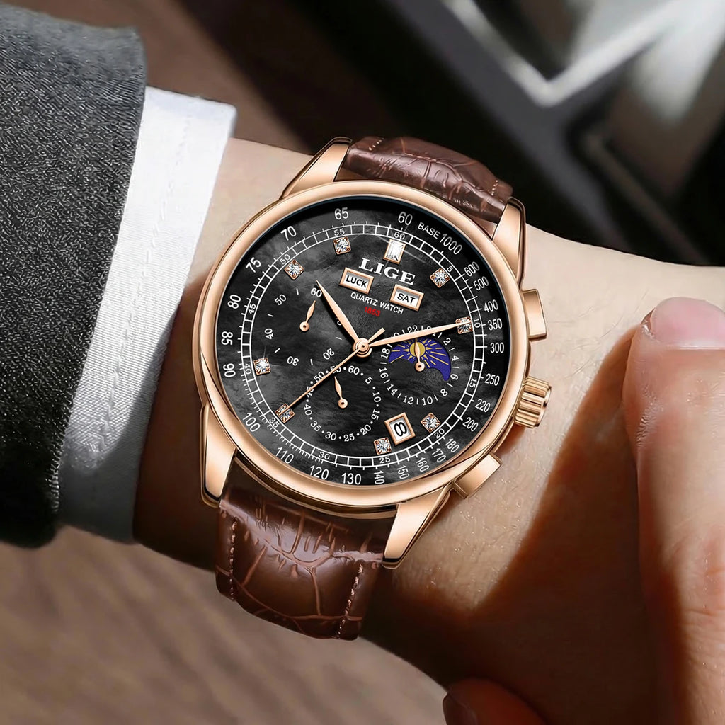 LIGE Men's Business Quartz Watch with Moon Phase