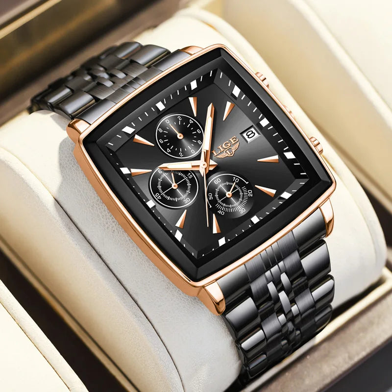 LIGE Men's Square Luminous Chronograph Watch