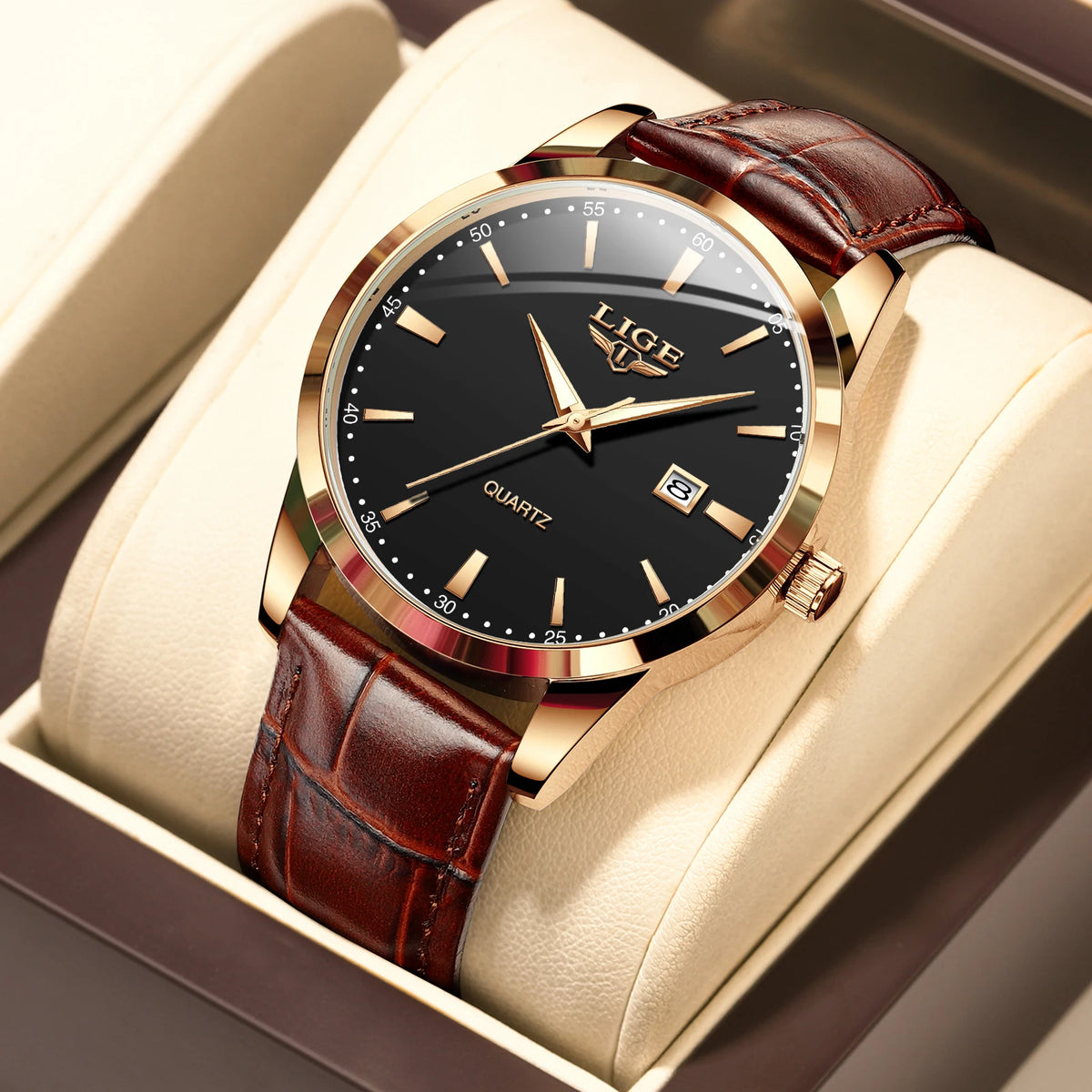 LIGE Men's Military Leather Quartz Watch