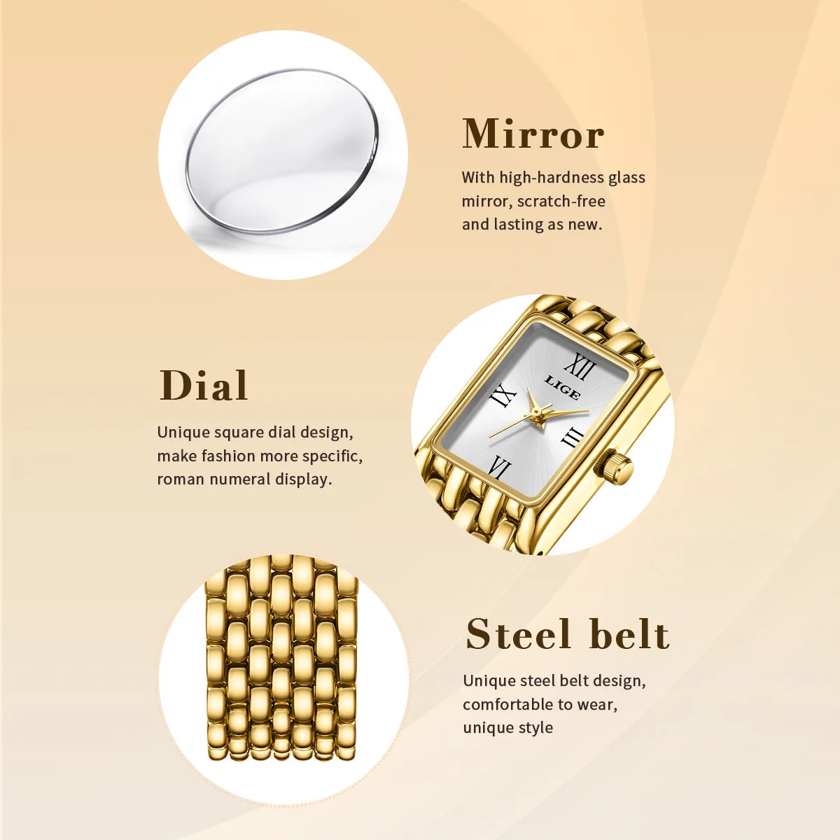 LIGE Women's Golden Steel Bracelet Watch