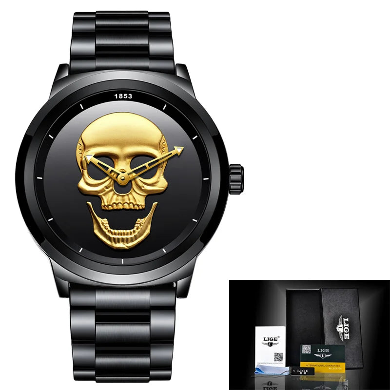 LIGE Skull Head Luxury Quartz Watch – Stainless Steel Punk Edition for Men