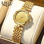 LIGE Elegant Square Quartz Watch – Gold Stainless Steel