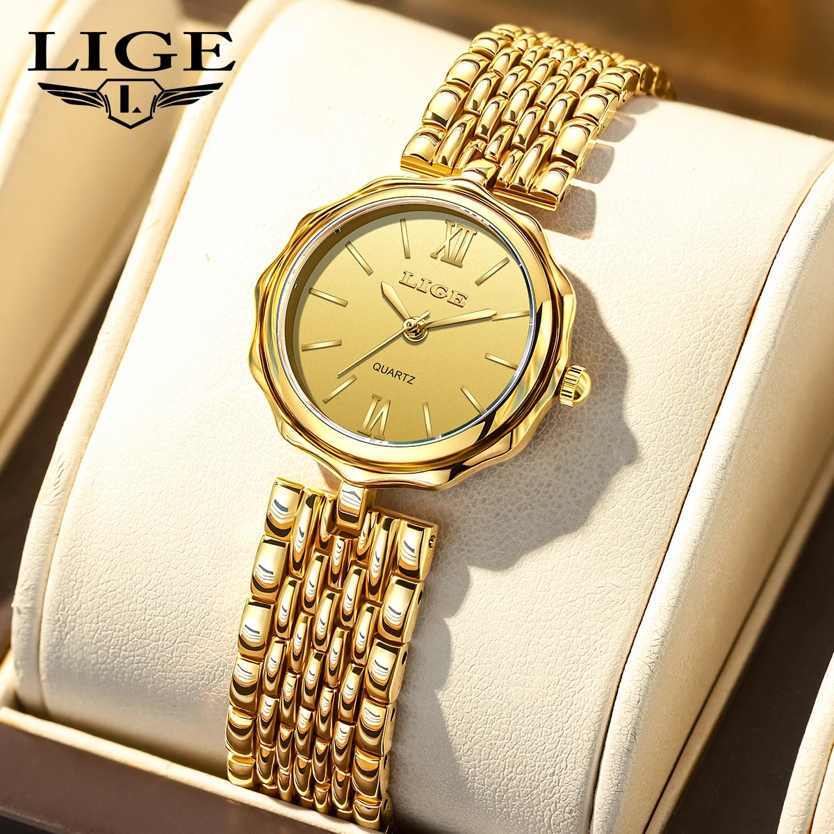 LIGE Elegant Square Quartz Watch – Gold Stainless Steel