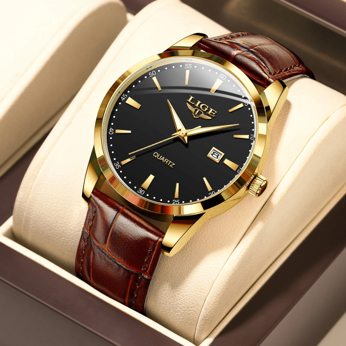 LIGE Men's Military Leather Quartz Watch