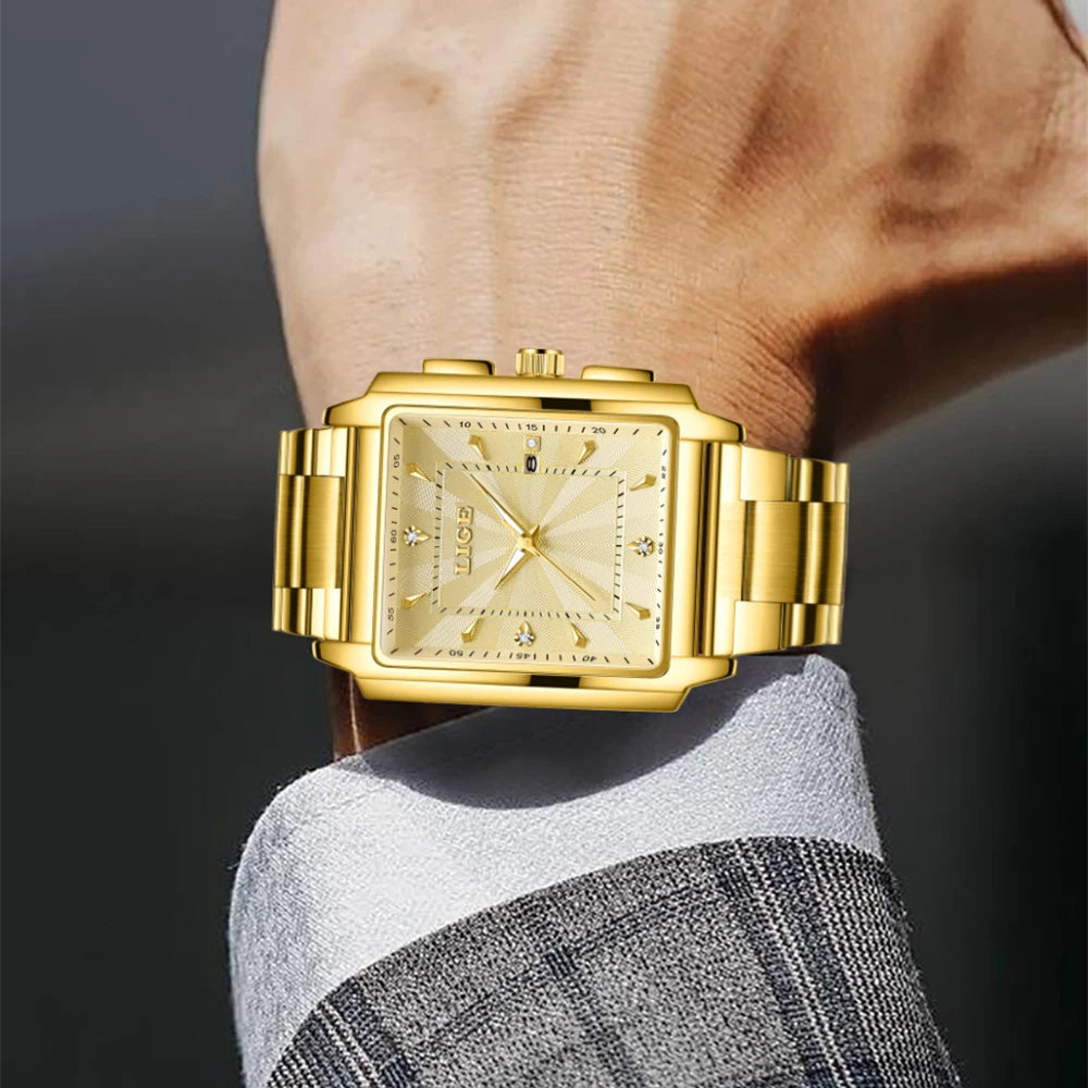 LIGE Luxury Square Sports Watch – Gold Stainless Steel