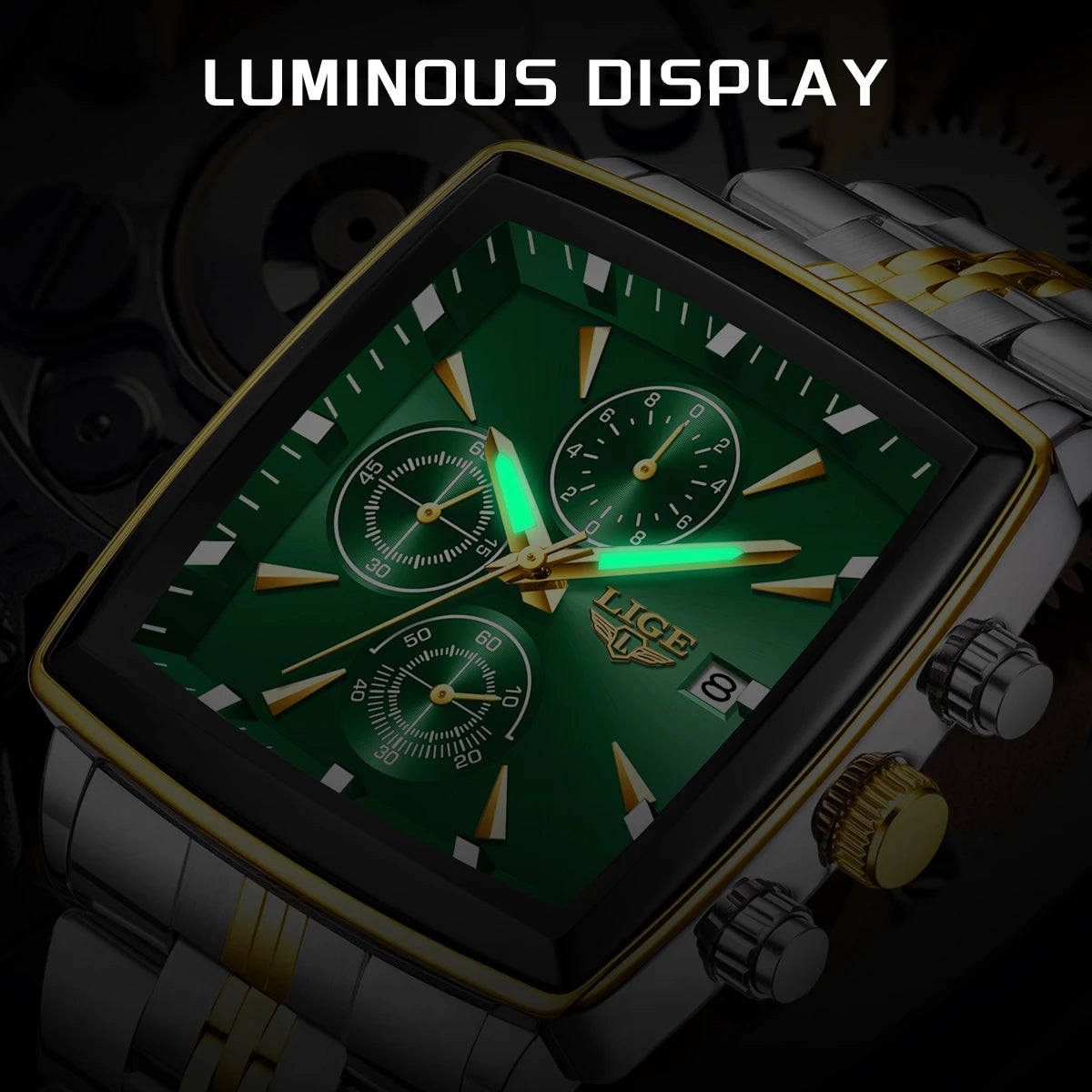 LIGE Men's Square Luminous Chronograph Watch