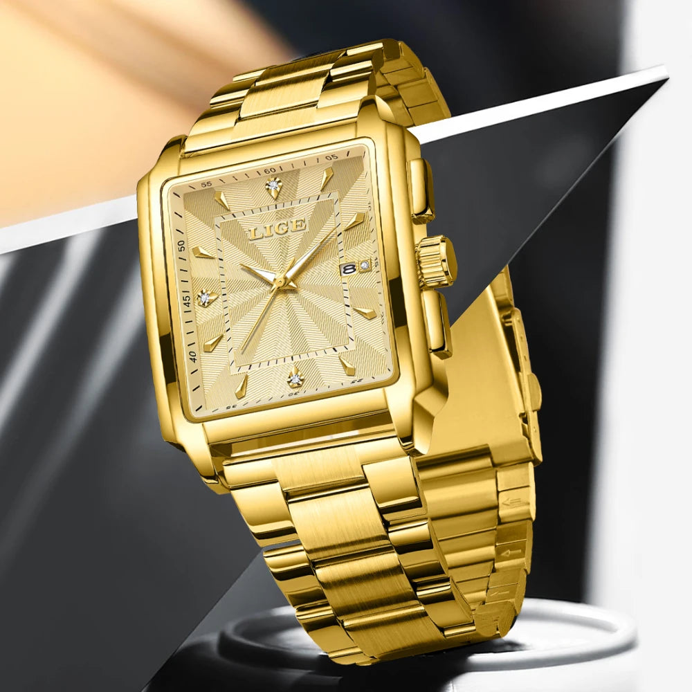LIGE Luxury Square Sports Watch – Gold Stainless Steel