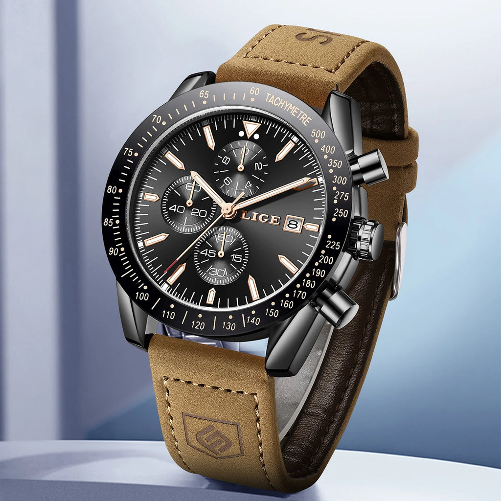LIGE Men's Military Leather Sports Watch