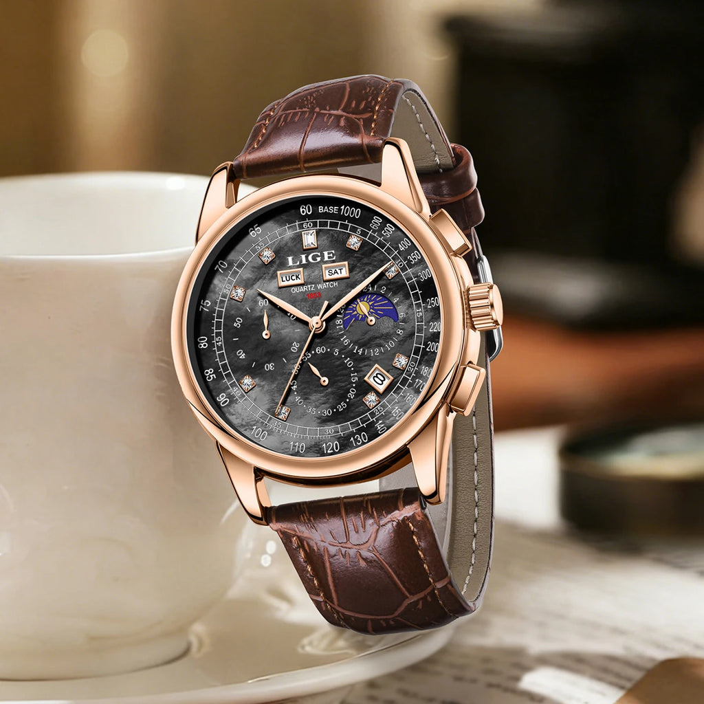 LIGE Men's Business Quartz Watch with Moon Phase