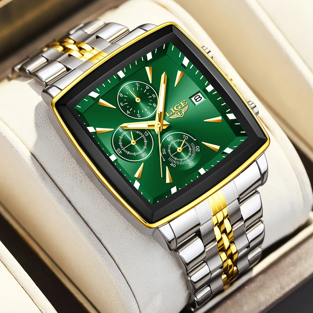 LIGE Men's Square Luminous Chronograph Watch