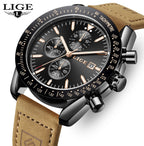 LIGE Men's Military Leather Sports Watch