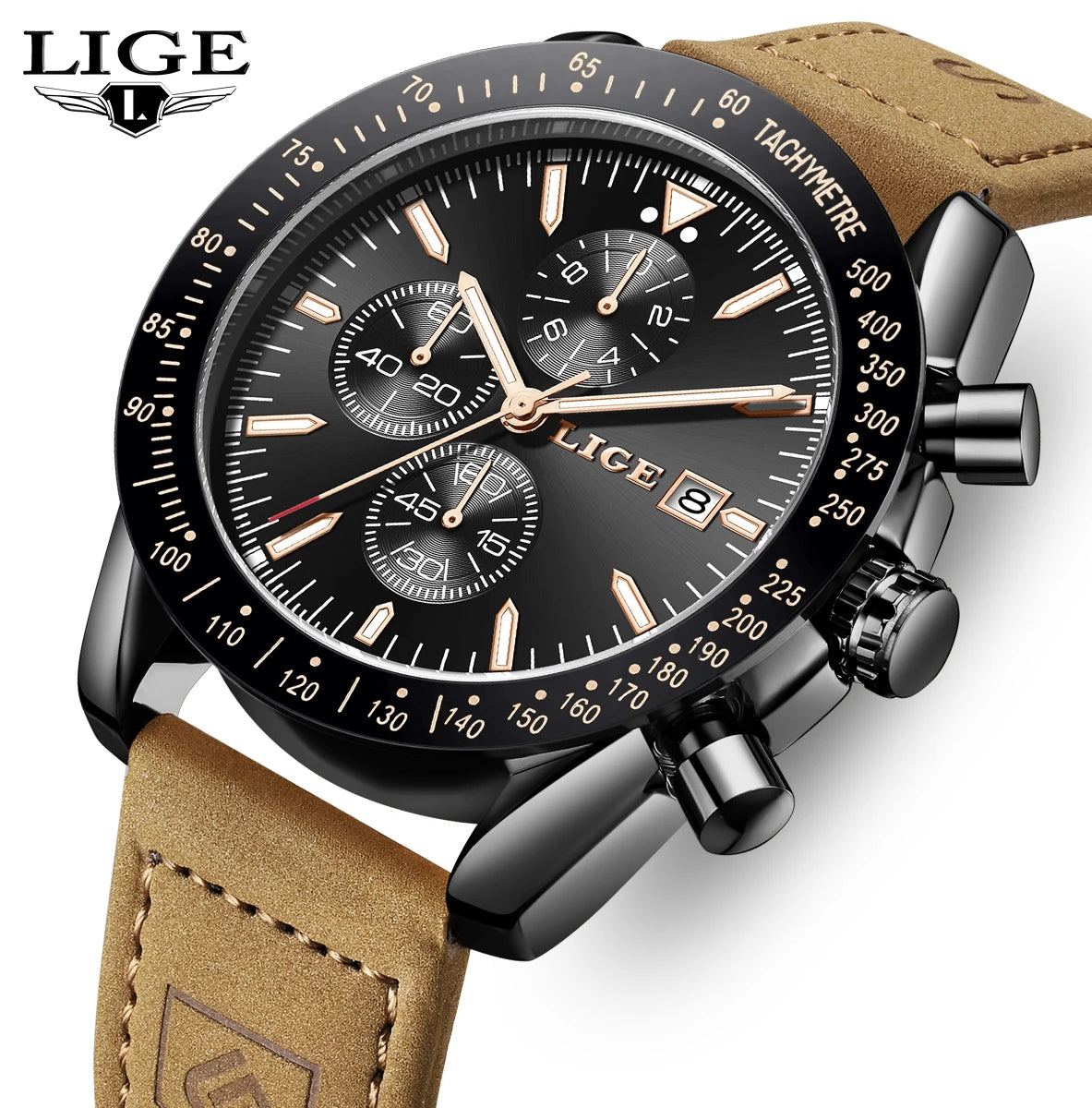 LIGE Men's Military Leather Sports Watch