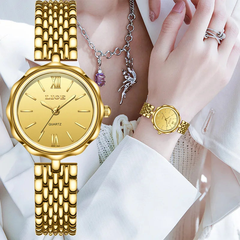 LIGE Elegant Square Quartz Watch – Gold Stainless Steel