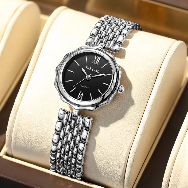 LIGE Elegant Square Quartz Watch – Gold Stainless Steel